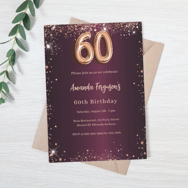 60th birthday burgundy rose gold invitation (Creator Uploaded)