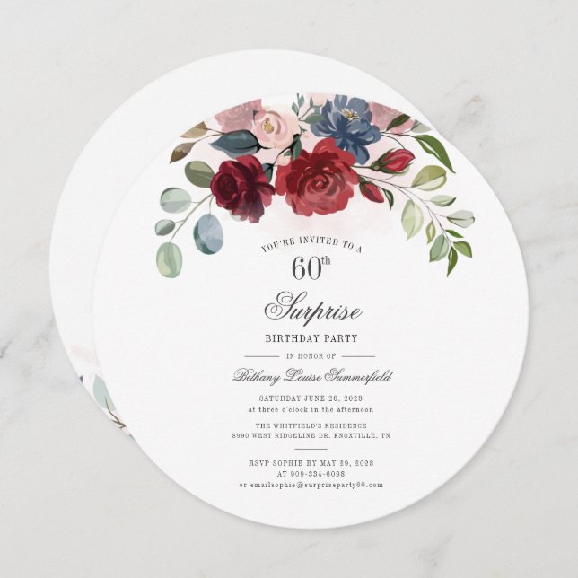 60th Birthday Burgundy Watercolor Eucalyptus Party Invitation (Front/Back)