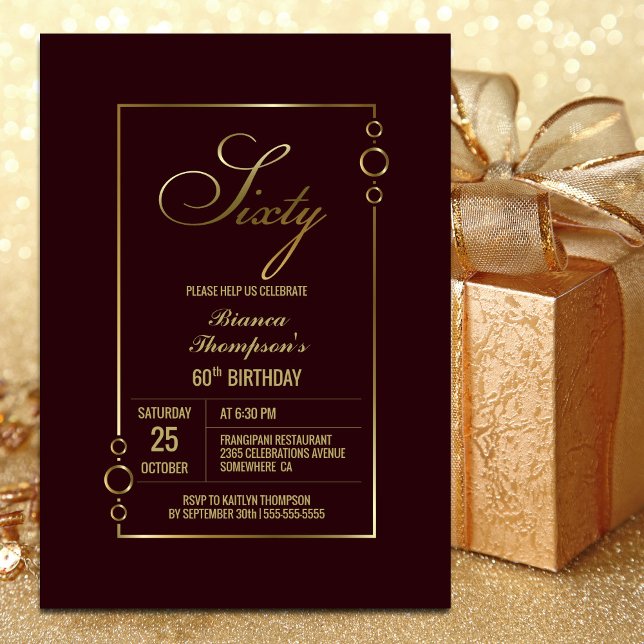 60th Birthday Burgundy with Gold Frame Party Invitation (Creator Uploaded)