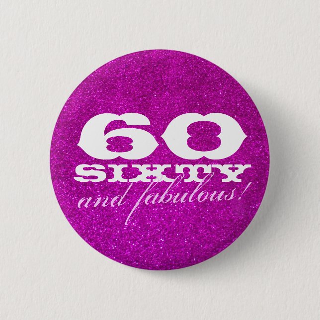60th birthday button for women | Faux pink glitter (Front)