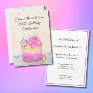 60th Birthday Cake with Dahlia and Garden Insect   Invitation