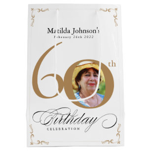 60th Birthday Calligraphy Script Gold White Photo Medium Gift Bag