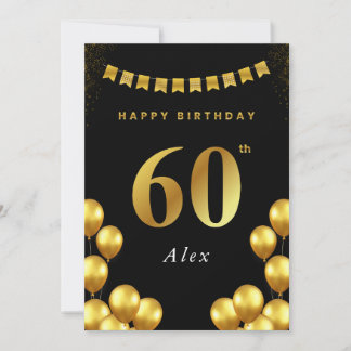 60th Birthday Card Black and Gold Balloons