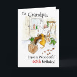 60th Birthday Card for a Grandfather<br><div class="desc">A 60th Birthday Card for a grandfather with an elderly man relaxing in his garden shed with his newspaper,  a drink and his dog. The text on the front can be quickly and easily be changed on request through my store.</div>