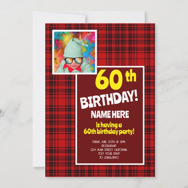 60th Birthday Celebration Check Plaid Red Black Invitation (Front)