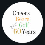 60th Birthday Cheers and Beers Golf Minimal Classic Round Sticker<br><div class="desc">This is a cool and modern, 60th birthday, golf party design. It is a simple, minimal design, in classic black and white, with pops of green, orange and gold coloured typography. Perfect for a cool and fun, golf and beer themed, 60th birthday party. This design is fully customisable, simply use...</div>
