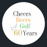 60th Birthday Cheers and Beers Golf Minimal Classic Round Sticker<br><div class="desc">This is a cool and modern, 60th birthday, golf party design. It is a simple, minimal design, in classic black and white, with pops of green, orange and gold coloured typography. Perfect for a cool and fun, golf and beer themed, 60th birthday party. This design is fully customisable, simply use...</div>