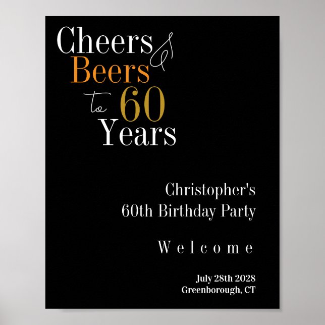 60th Birthday Cheers and Beers Party Welcome Poster (Front)