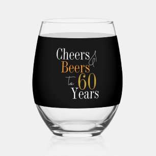 60th Birthday Cheers Beers Black Gold Stemless Wine Glass