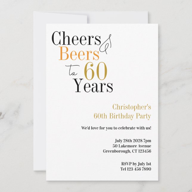 60th Birthday Cheers Beers Minimal Party Invitation (Front)