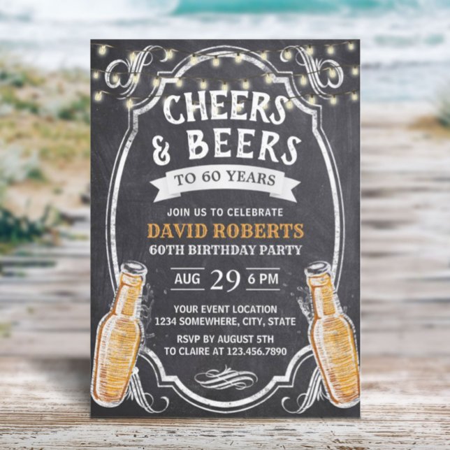 60th Birthday Cheers & Beers Rustic Chalkboard Invitation (Creator Uploaded)