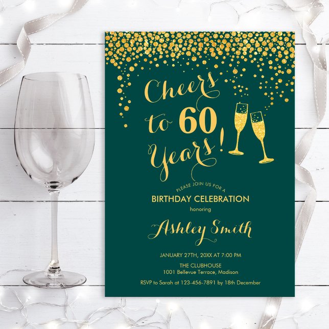 60th Birthday - Cheers To 60 Years Emerald Green Invitation (Creator Uploaded)