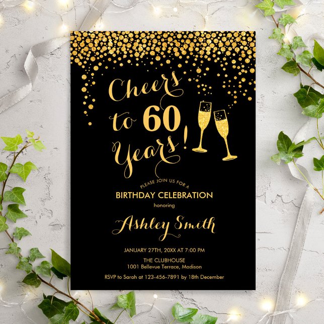 60th Birthday - Cheers To 60 Years Gold Black Invitation (Creator Uploaded)