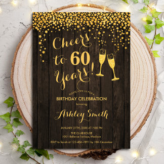 60th Birthday - Cheers To 60 Years Gold Wood Invitation