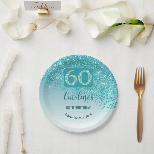 60th Birthday Chic Falling Teal Blue Glitter Paper Plate (Wedding)