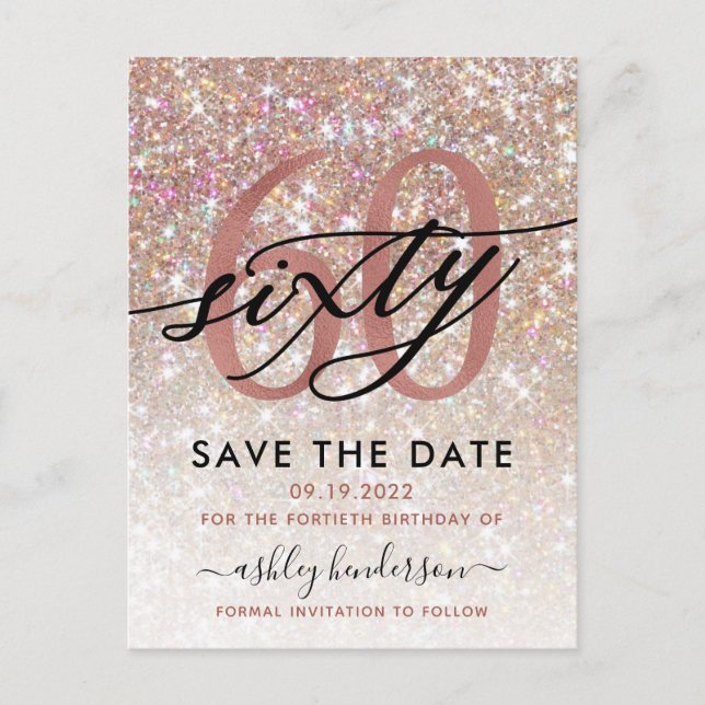 60th Birthday Chic Glitter Ombre Save The Date Postcard (Front)
