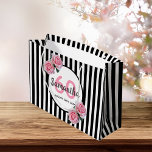 60th birthday chic pink roses black white stripes large gift bag<br><div class="desc">Classic slim black and white vertical stripes as background. With girly, feminine and romantic pink roses as decoration. Perfect for an elegant 60th birthday party for her. A white and black frame with templates for name, age and a date. Age number 60 in pink, name and date in black. The...</div>