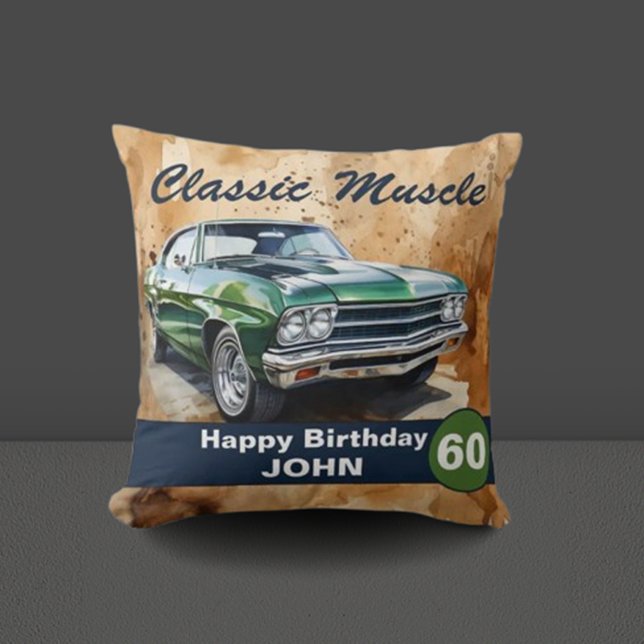 60th Birthday, Classic Muscle Car  Cushion (Celebrate in style with our classic green muscle car illustration! )