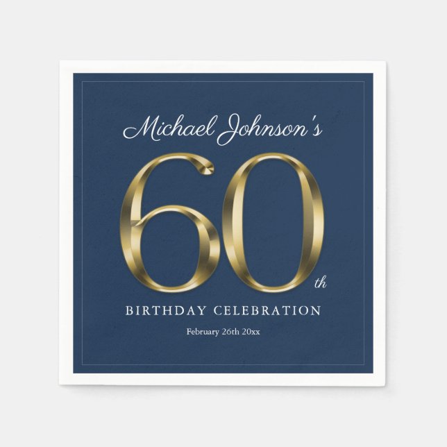 60th Birthday Classic Solid Gold Text Navy Blue Napkin (Front)