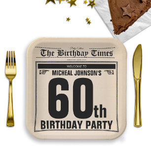 60th Birthday Classic Vintage Old Newspaper Custom Paper Plate