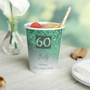 60th Birthday Classy Falling Green Glitter Paper Cups