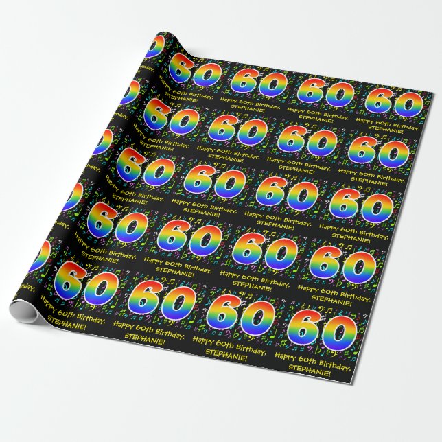 60th Birthday: Colorful Music Symbols, Rainbow 60 Wrapping Paper (Unrolled)