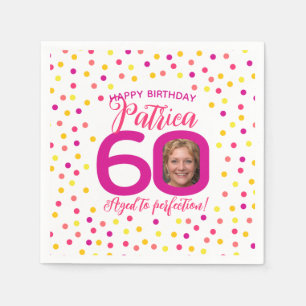 60th birthday colorful pink yellow confetti photo napkin