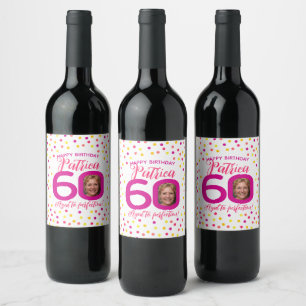 60th birthday colorful pink yellow confetti photo  wine label