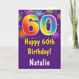60th Birthday Colorful Rainbow Fireworks Purple Card