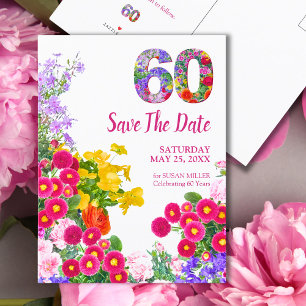 60th Birthday Colourful Floral Garden Save the Dat Announcement Postcard