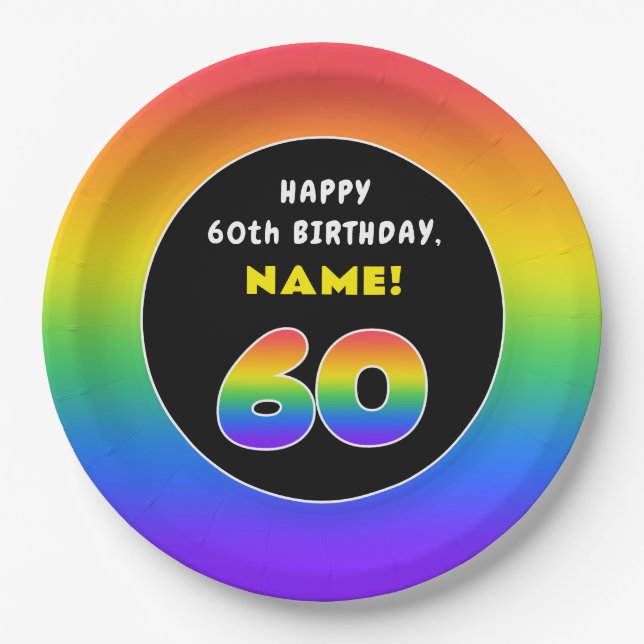 60th Birthday: Colourful Rainbow # 60, Custom Name Paper Plate (Front)