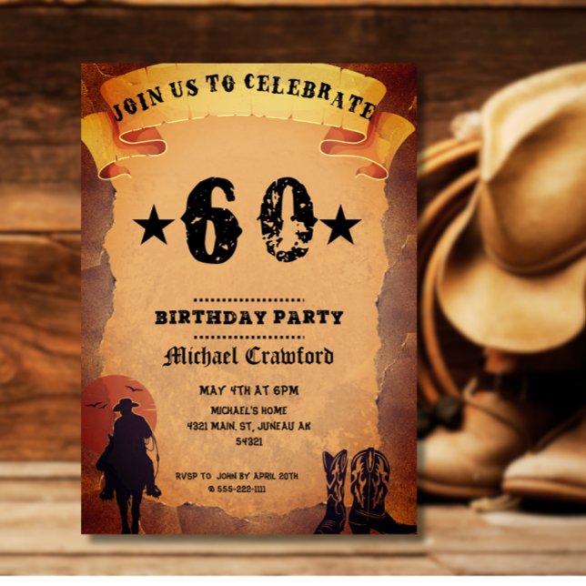 60th birthday cowboy old paper horse riding party invitation (Creator Uploaded)