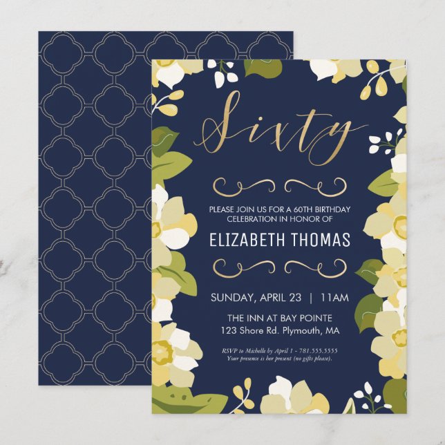 60th Birthday, Custom Floral, Gold Invitation (Front/Back)