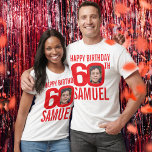60th birthday custom name and photo template red T-Shirt<br><div class="desc">Happy 60th Birthday red and white text, custom front, and back photo, and name t-shirt. Fun 60th personalised photo in bold blue and contrasting white birthday tee design. Personalise this birthday shirt with two photographs of the birthday person in the middle of the number 0 on the front and back...</div>