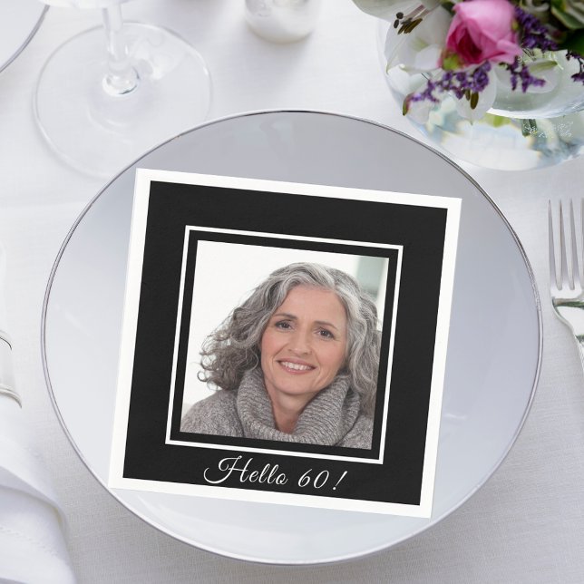 60th birthday custom photo black white napkin (Creator Uploaded)