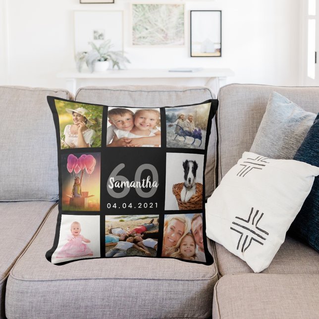 60th birthday custom photo collage woman black cushion (Creator Uploaded)