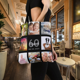 60th birthday custom photo collage woman black tote bag