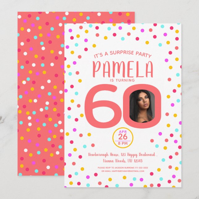 60th birthday custom photo living coral confetti invitation (Front/Back)