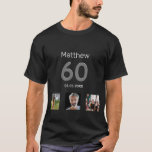 60th birthday custom photo monogram guy T-Shirt<br><div class="desc">For a 60th birthday as a gift or for the party. A collage of 3 of your photos of himself friends,  family,  interest or pets.  Personalise and add his name,  age 60 and a date.  Date of birth or the date of the birthday party.  Grey and white coloured text.</div>