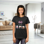 60th birthday custom photo pink monogram woman T-Shirt<br><div class="desc">For a 60th birthday as a gift or for the party. A collage of 3 of your photos of herself friends,  family,  interest or pets.  Personalise and add her name,  age 60 and a date.  Date of birth or the date of the birthday party.  Pink and white coloured letters.</div>