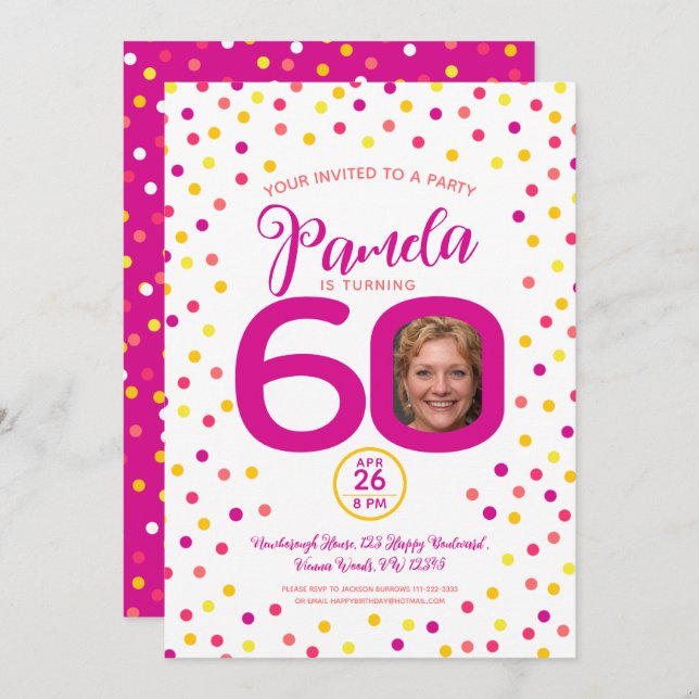 60th birthday custom photo pink yellow confetti invitation (Front/Back)
