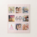 60th birthday custom photo rose gold blush pink jigsaw puzzle<br><div class="desc">A unique 60th birthday gift or keepsake, celebrating her life with a collage of 8 of your photos. Add images of her family, friends, pets, hobbies or dream travel destination. Personalize and add a name, age 60 and a date. Gray and dark rose gold colored letters. Elegant and trendy blush...</div>