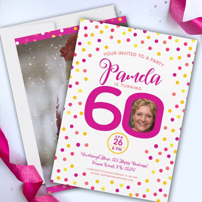 60th birthday custom photos pink yellow confetti invitation (Creator Uploaded)