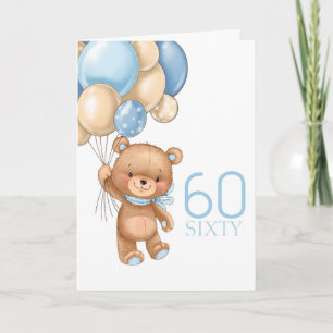 60TH birthday cute blue balloons boy teddy card