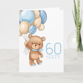 60TH birthday cute blue balloons boy teddy card