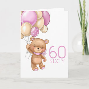 60TH birthday cute pink balloons girl teddy card