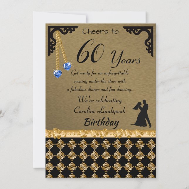 60th Birthday Dance Party Blue Heart Gems & Damask Invitation (Front)