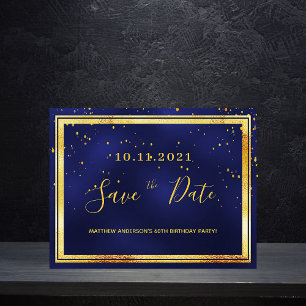 60th birthday dark blue gold save the date postcard