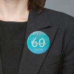 60th birthday diamonds glitter teal blue green 6 cm round badge<br><div class="desc">An elegant, glamourous and girly 60th birthday party button. Teal, blue green coloured faux glitter with faux diamond sprinkle and a golden frame. Templates for a name, age 60 and a date. Date of birth or the date of the party/anniversary. White and teal coloured letters. The name is written with...</div>