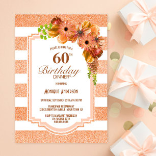 60th Birthday Dinner Apricot Striped Floral Party Invitation